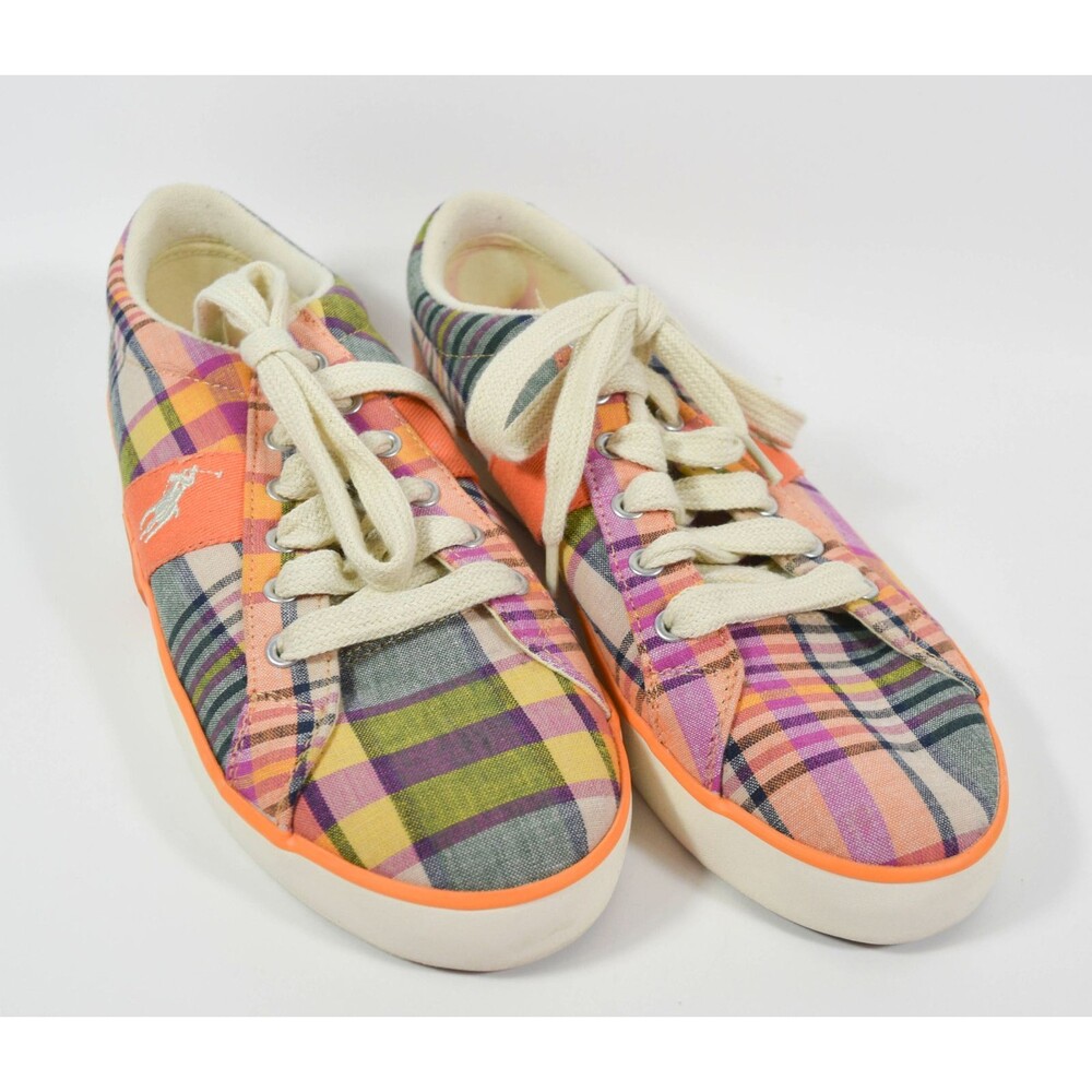 Polo Ralph Lauren Orange Multicolor Plaid Gillian Madras Sneakers Size 8.5B